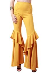 Cocoleggings Ladies High Rise Frills Solid Ruffle Flared Trousers Ginger L