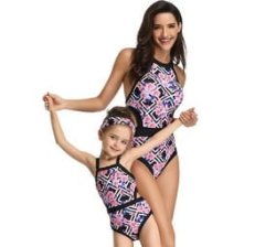 1 Piece Nylon Matching Bikini Swimwear Bathing Suits For Mom Or Daughter - Pink - Floral Print - Size XL