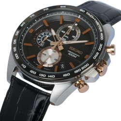 Mens Seiko Watch Chronograph Rose Gold Accent & Black Leather Strap Prices  | Shop Deals Online | PriceCheck