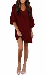 Belongsci Women's Dress Sweet & Cute V-neck Bell Sleeve Shift Dress MINI Dress Wine Red