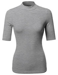 Casual Basic Turtle Neck Elbow Sleeve Ribbed Top Gray Size M