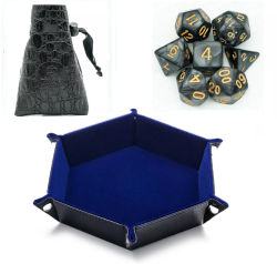 Blue Dice Rolling Tray With Black Dice And Leather Dice Bag Set Dnd Rpg