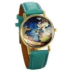 Jewelrywe Fashion Womens Leather Wrist Watch World Map Around Dial Watches Green