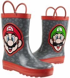 Super Mario BrOthers Mario & Luigi Rain Boot For Kids Nintendo 100% Rubber Waterproof Grey Red Toddler Size 7 8