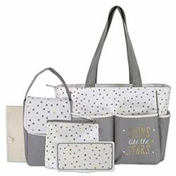 Diaper Bag Tote 5 Piece Set With Sun Moon And Stars Wipes Pocket Dirty Diaper Pouch Changing Pad Grey cream
