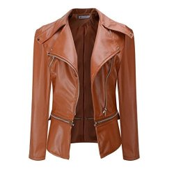 Creazrise 4XL Faux Collar Short Leather Jacket in Brown