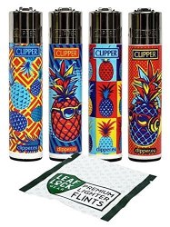 Bundle - 5 Items - Clipper Lighter Hipster Pineapple Collection With Leaf Lock Gear Premium Flints