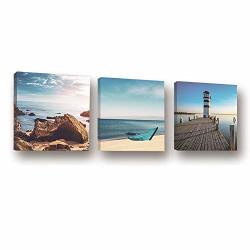 Hpniub Frame Nautical Ocean Beach Art Print Ocean Sea Reef Lighthouse Canvas Printing With Diy Wooden Frame 3PCS 11.8X11.8INCH Natural Landscape Poster For Office