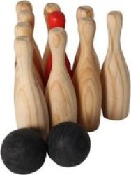 Wooden Skittles Ten Pin Bowling Set In Nylon Cloth Drawstring Bag