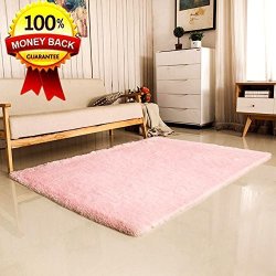 SANMU Soft Velvet Silk Rugs Simple Style Modern Shaggy Carpet Fashion Color Bedroom Mat For Girls Home Decor 4 X 5.3 Feet Pink