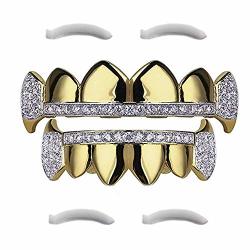 24K Plated Joker Gold Grillz For Mouth Top Bottom Hip Hop Teeth Grills For Teeth Mouth + 2 Extra Molding Bars Storage Case +