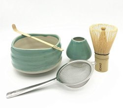 Home Soul Matcha Accessories Kit Include 5 ITEMS-100 Prongs Bamboo Whisk Chasen Bamboo Scoop Stainless Steel Tea Filter And Ceramic Matcha Bowl & Whisk Holder Green