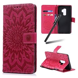 Skymars Samsung Galaxy S9 Plus Case Embossed Kickstand Cards Pockets Wallet Shockproof Case For Samsung Galaxy S9 Plus 2018 Sunflower Red