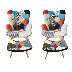 Colourful Patchwork Recliner Vintage Chair With Wooden Legs - 2 Piece