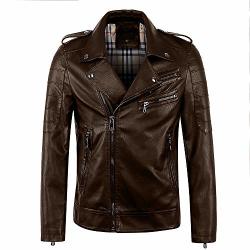 Men's Leather Jacket Smooth Zip Up Fitted Faux Leather Bomber Moto Jacket Coffee Tag Us M