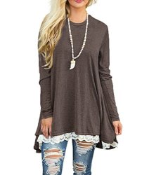 Wekili Women's Tops Long Sleeve Lace Scoop Neck A-line Tunic Blouse Coffee M us 8-10