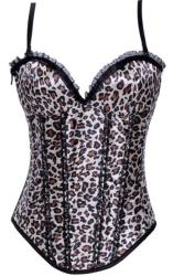 SATIN White Leopard Corset With Underwired Cups Black Ruched Lace Trim And Removable Straps