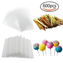600 Pcs Cake Pops Kit - 200 Pcs Lollipop Sticks 200 Pcs Wrappers And 200 Pcs Twist Ties For Candies Chocolates Cookies Lollipops Marshmallows