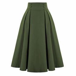 Women's Vintage High Waist A-line Flared Pleated A-line Flared Maxi Long Skirts Army Green
