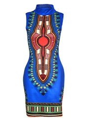 Women Shekiss Traditional African Print Dashiki Bodycon Sleeveless High Collar Dress Blue XXL