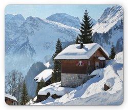 Lunarable European Mouse Pad Single Wooden House On Hills In Snowy Valley Nordic Peaks Relax Swiss Scenery Print Standard Size Rectangle Non-slip Rubber Mousepad White
