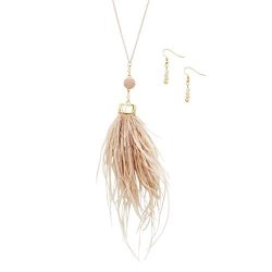 Rosemarie Collections Women's Long Pendant Necklace Jewelry Set "boho Feather Tassel" Blush Pink