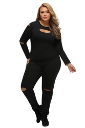 Black Plus Size Slits Detail Long Sleeve Jumpsuit