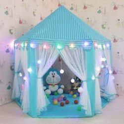ABULU Kids Indoor/Outdoor LED Play Fairy Princess Castle Tent Portable Fun Perfect Hexagon Large Playhouse Toys for Girls/Children/Toddlers Gift Room X-Large Blue 