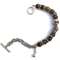 Vexed Soul Yellow Tiger Eye With Skull And Gothic Metal Beads Along With Stainless Steel Link Chain Bracelet 9.5