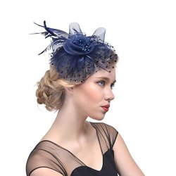 Handmade Feather Headdress Gauze Gauze Hat Headdress Hairpin Prom Bride Navy Blue