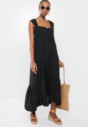 Relaxed Square Neck Tiered Maxi Dress - Black