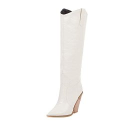 Henwerd Women's Chunky Heel Knee High Boots Comfortable Pointed Toe Western Cowboy Boots White 7.5 Us