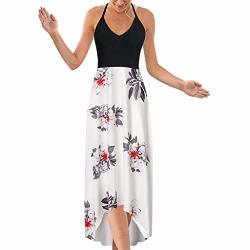 Haalife?? Women's V Neck Sleeveless Asymmetrical Boho Dress Summer Backless Floral Print Maxi Party Dress White