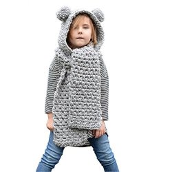 KIDS Bevogue Crochet UNICORN 2POMPOM Ears Hat With Scarf Knitted Warm Hooded Scarves Beanies Set