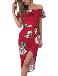 Aro Lora Women's Off Shoulder Floral Printed Ruffle Side Slit Bodycon Midi Dress Small Red