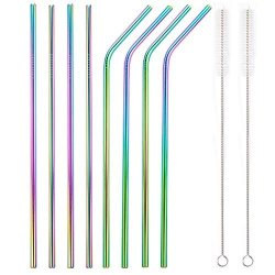 Yihong Set Of 8 Stainless Steel Metal Straws Ultra Long 10.5 Inch Colorful Reusable Drinking Straws For Tumblers Rumblers Cold Beverage 4 STRAIGHT|4 BENT|2 BRUSHES|1 Pouch