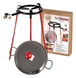 ECO Set Paella Pan 38CM: Set Of 3 Square Support Legs + 38CM Polished Steel Paella Pan + 300MM Gas Burner By Vaello Campos