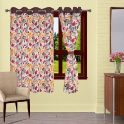 Lushomes White Lined Leaf Print Curtains Door Window Eyelet Drapers LH-CRTN18A