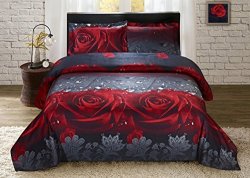 HOMECHOICE Luxurious 3D Bed Sheet Set Wild Life Animals Flowers And Scenery Print Red Roses In Black In Queen King Size King ROSELOVE-Y28