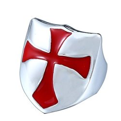 Armor Shield Knight Templar Red Cross Ring Stainless Steel Jewelry Medievil Sign