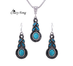Tibetan Silver Turquoise Crystal Pendant Necklace Earrings Jewelry Set For Women