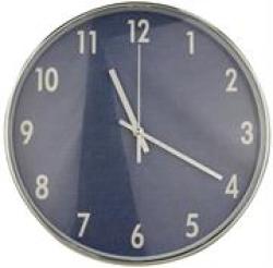 Wall Clock-round Silver Outer Rim With Blue Background 30CM Diameter Analogue Display Type White Numbering Silver Hour Minute And Second Hands Quartz Movement