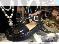 Bling Glitter Wide Strap Wedge Thick Heel Sizes 3 - 8