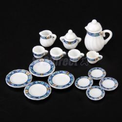 Barbie Miniature 15-pcs-dollhouse-miniature-porcelain-tea-set-8-dishes-4-cups-3-pots-white-blue 1