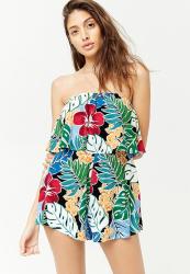 FOREVER21 Strapless Floral Playsuit - Cream Multi
