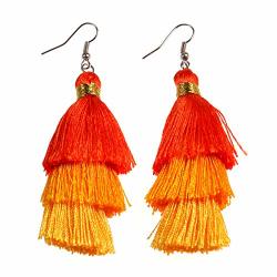 Ad Beads Fashion Silk Tassel 3 Layers Multiple Colored Ombre Bohemian Fan Fringe Dangle Earrings 06 Hyacinth-gold-yellow