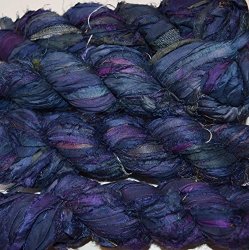 Sari Pure Silk 100G Ribbon Yarn Recycled Sari Silk Ribbon Yarn Multi Dark Blue Purple Mix