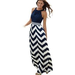 Haoricu Women Dress Womens Plus Size Striped Boho Beach Summer Sundrss Long Maxi Dress S ??blue