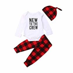 3PCS Newborn Baby Boy Clothes New To The Crew Romper Tops+ Red Plaid Pants+hat Outfit Set Red 6-12 Months