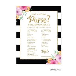 Andaz Press Floral Gold Glitter Print Wedding Collection What's In Your Purse? Bridal Shower Game Cards 20-PACK